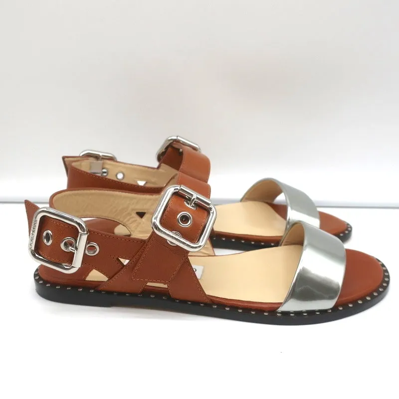 Jimmy Choo Astrid Buckle Sandals Tan/Silver Leather Size 37 Slingback Flats NEW