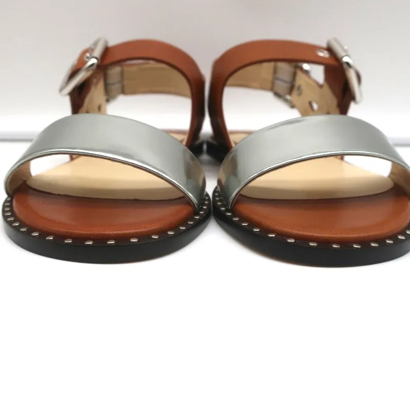 Jimmy Choo Astrid Buckle Sandals Tan/Silver Leather Size 37 Slingback Flats NEW