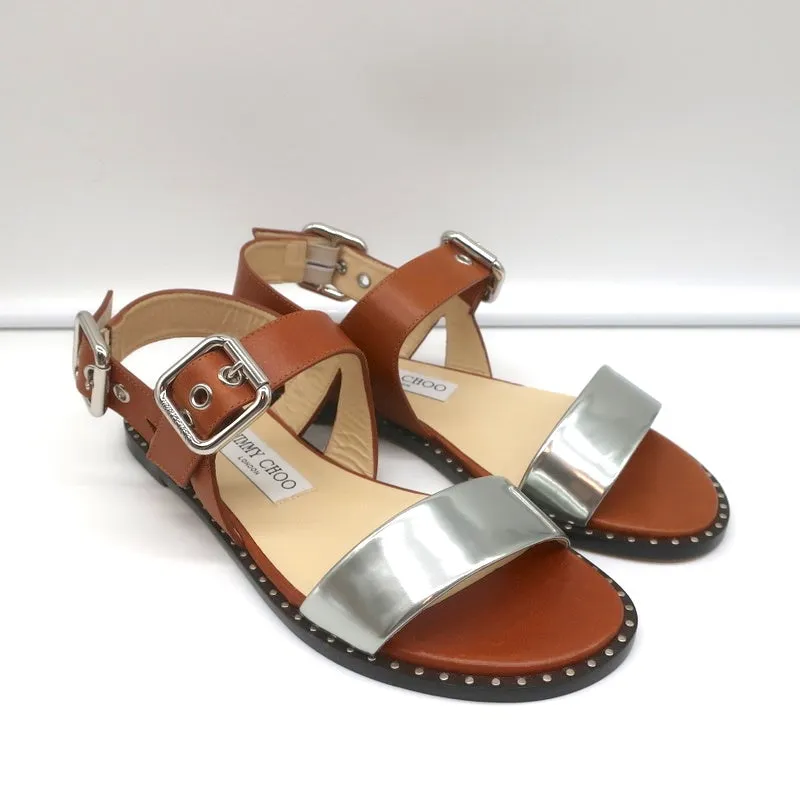 Jimmy Choo Astrid Buckle Sandals Tan/Silver Leather Size 37 Slingback Flats NEW