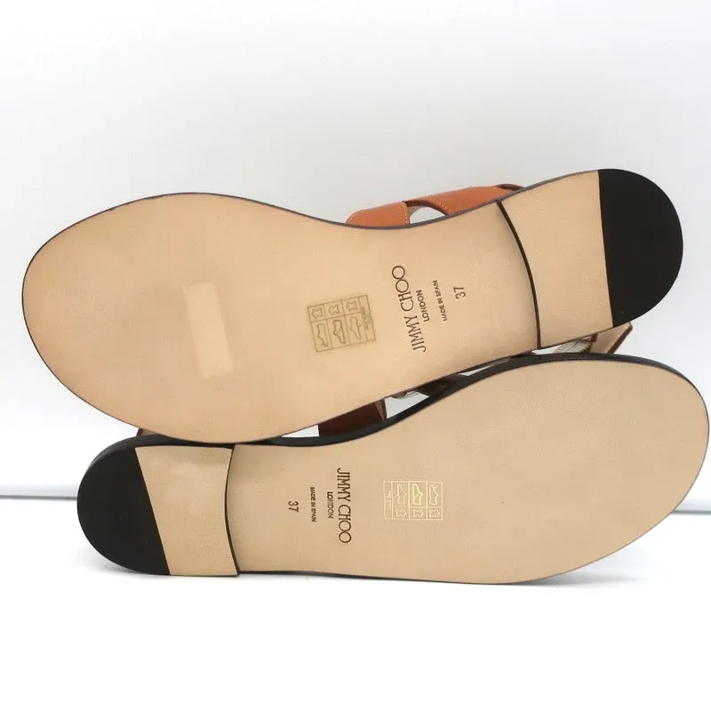 Jimmy Choo Astrid Buckle Sandals Tan/Silver Leather Size 37 Slingback Flats NEW