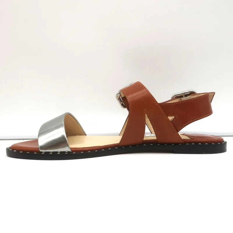 Jimmy Choo Astrid Buckle Sandals Tan/Silver Leather Size 37 Slingback Flats NEW