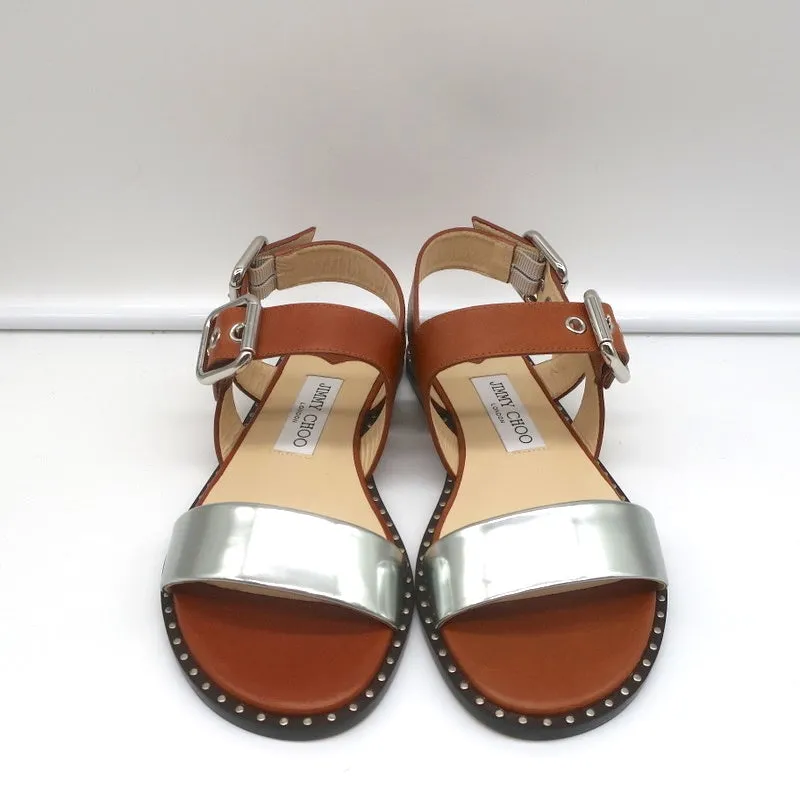 Jimmy Choo Astrid Buckle Sandals Tan/Silver Leather Size 37 Slingback Flats NEW