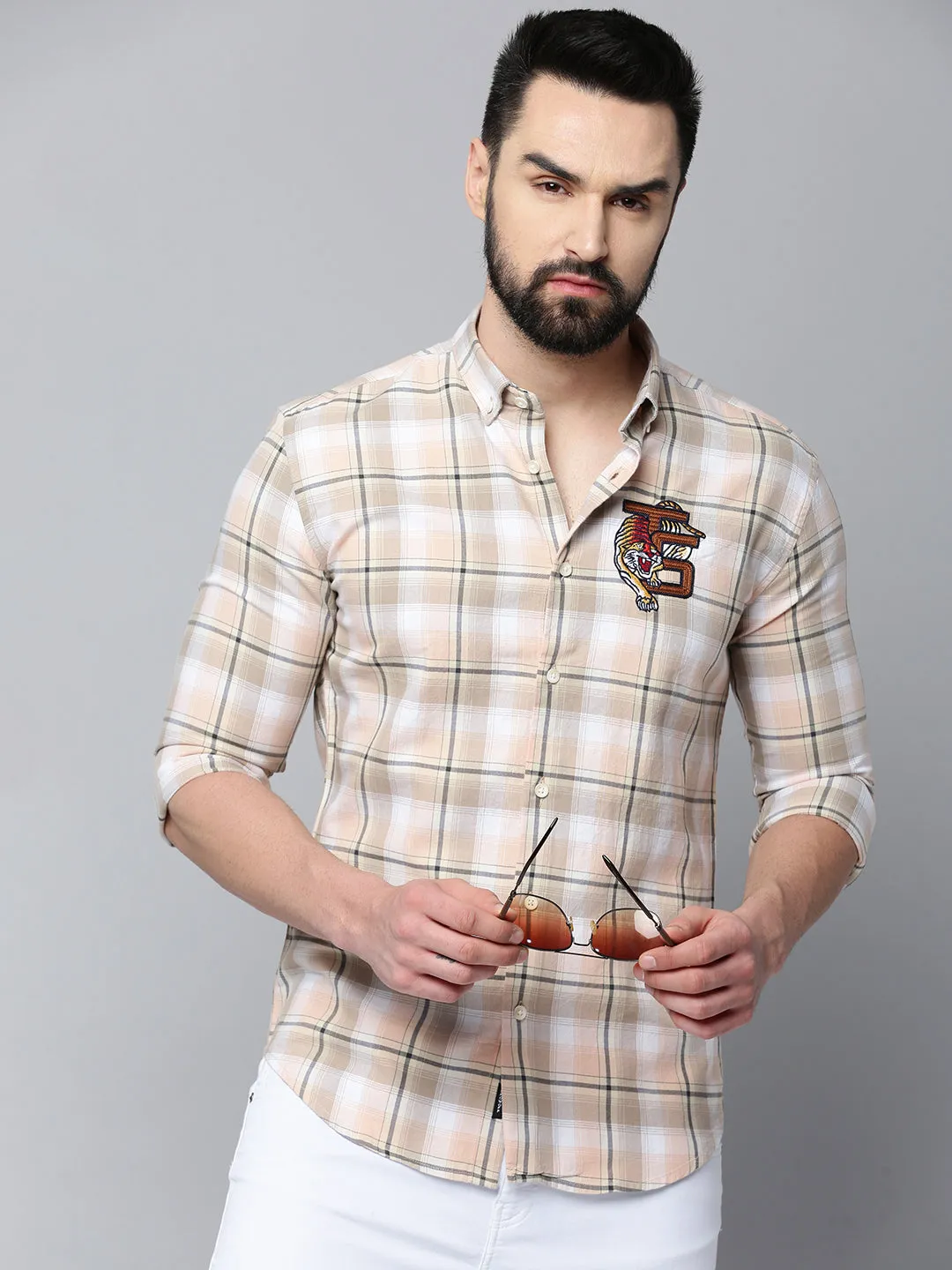 Men Beige Checked Comfort Fit Long Sleeves Cotton Casual Shirt