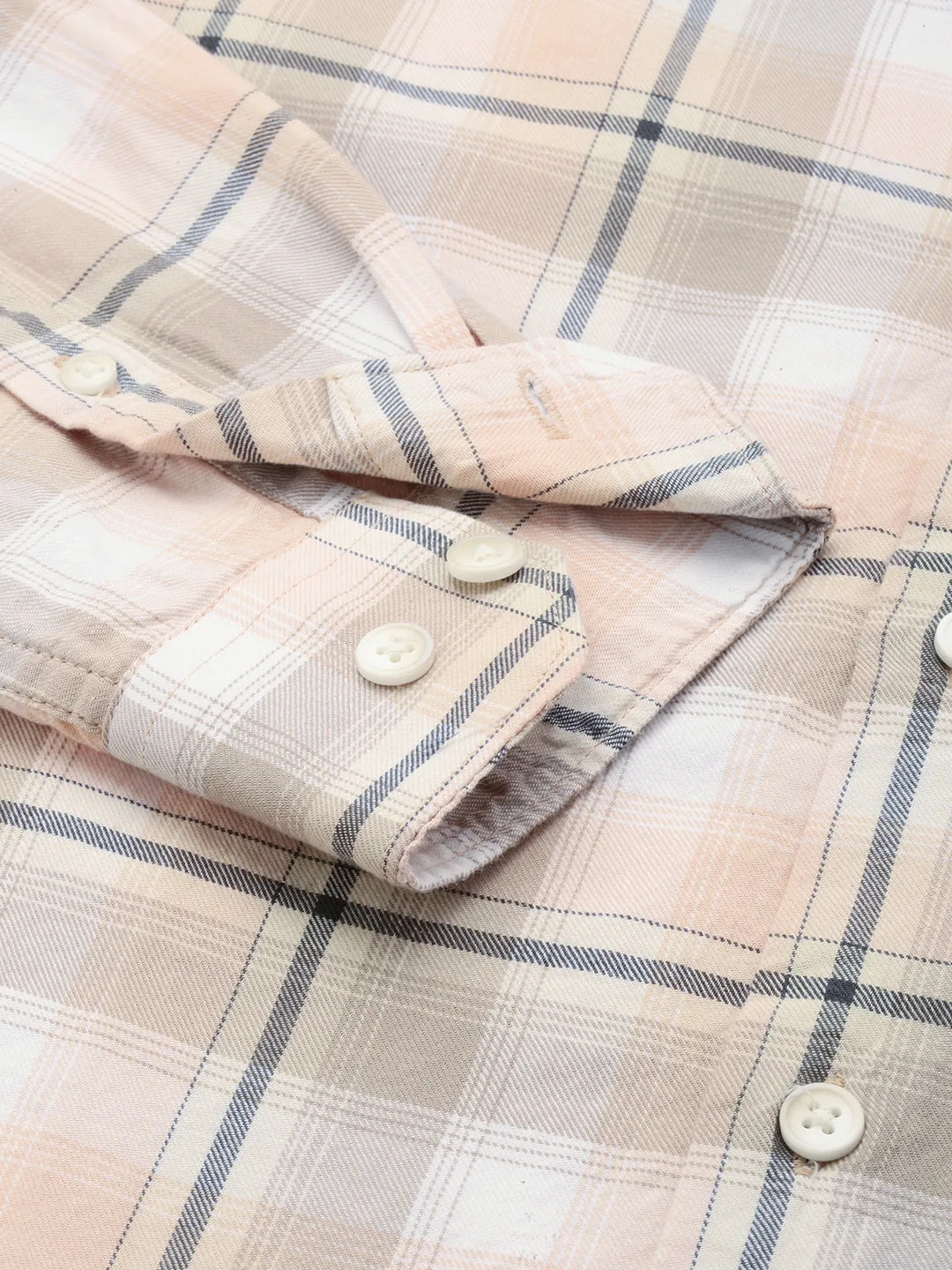 Men Beige Checked Comfort Fit Long Sleeves Cotton Casual Shirt