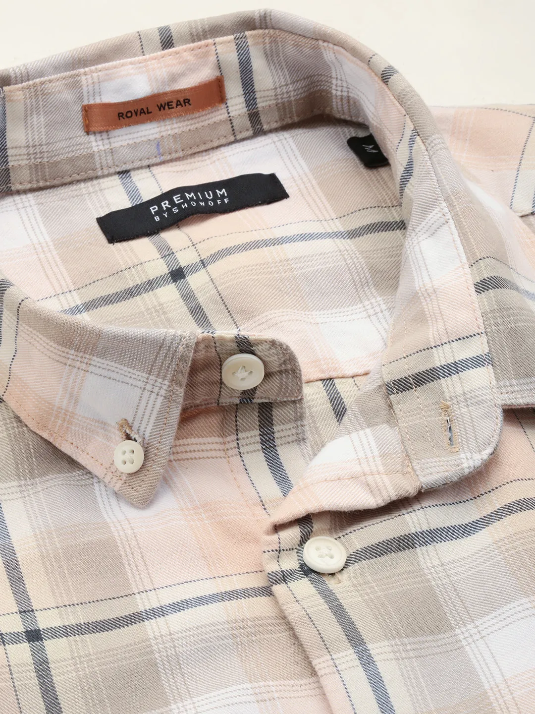 Men Beige Checked Comfort Fit Long Sleeves Cotton Casual Shirt
