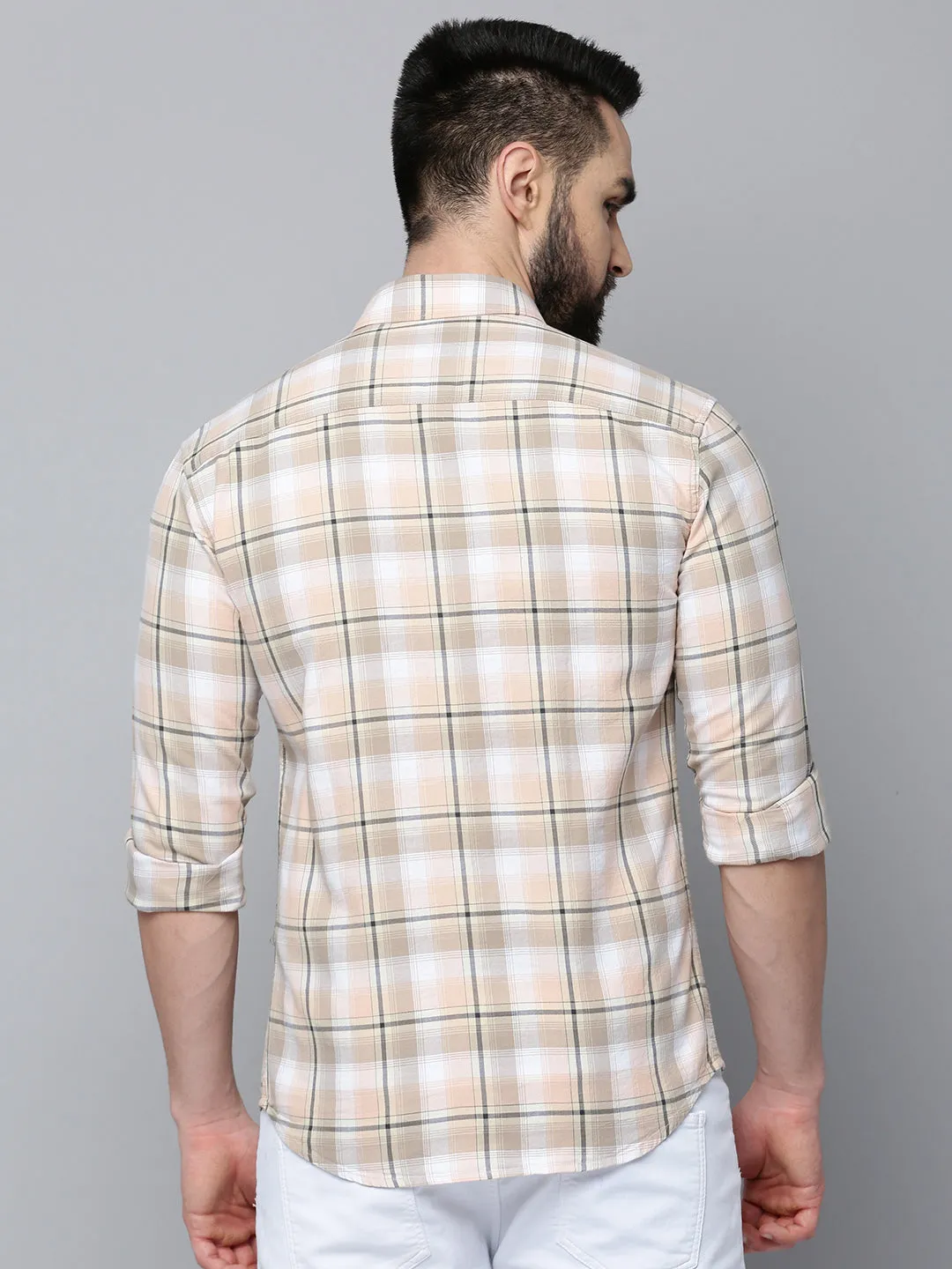 Men Beige Checked Comfort Fit Long Sleeves Cotton Casual Shirt