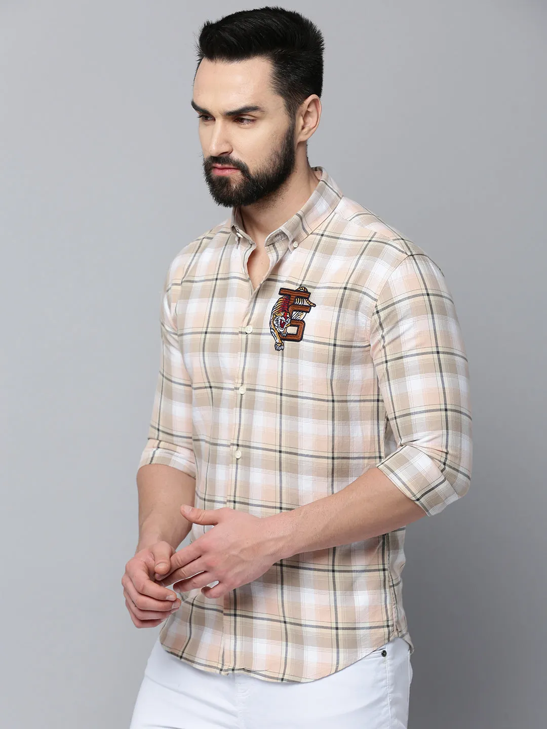 Men Beige Checked Comfort Fit Long Sleeves Cotton Casual Shirt