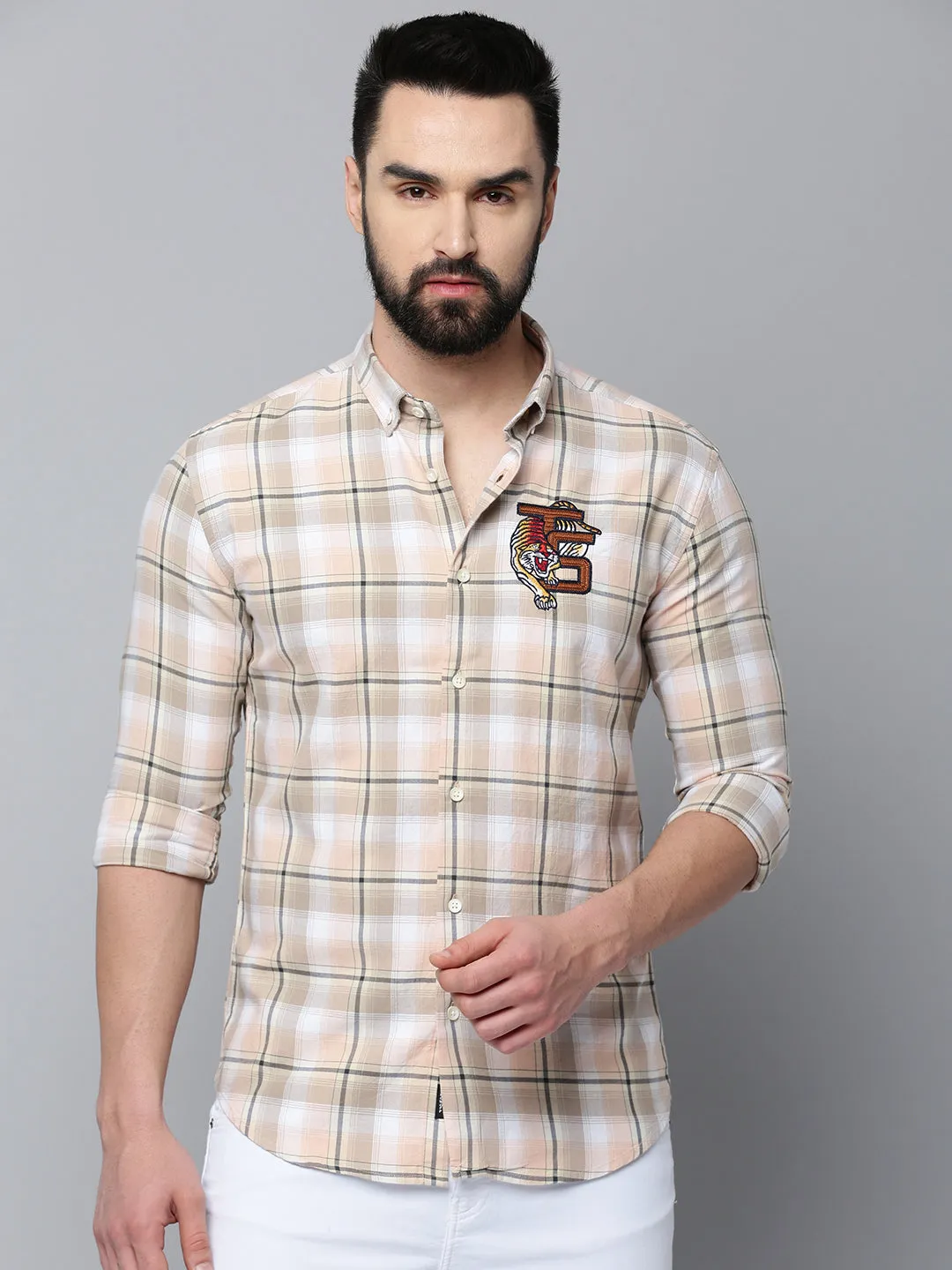 Men Beige Checked Comfort Fit Long Sleeves Cotton Casual Shirt