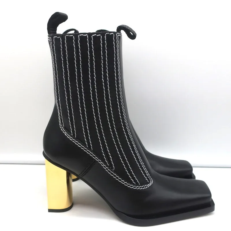 Proenza Schouler Gold Heel Chelsea Boots Black Leather Size 36.5 NEW