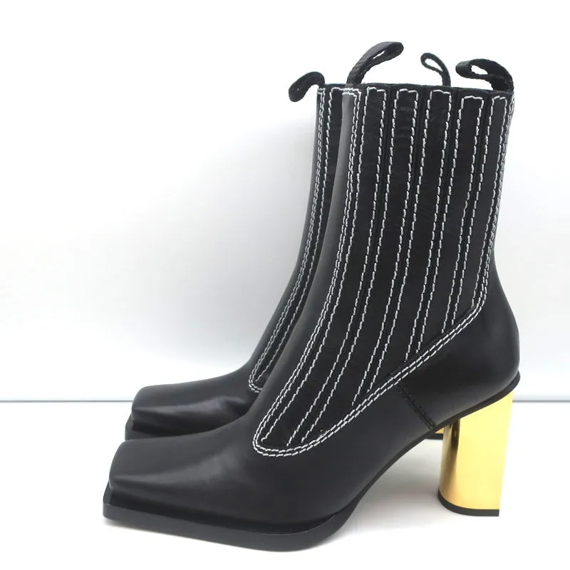 Proenza Schouler Gold Heel Chelsea Boots Black Leather Size 36.5 NEW